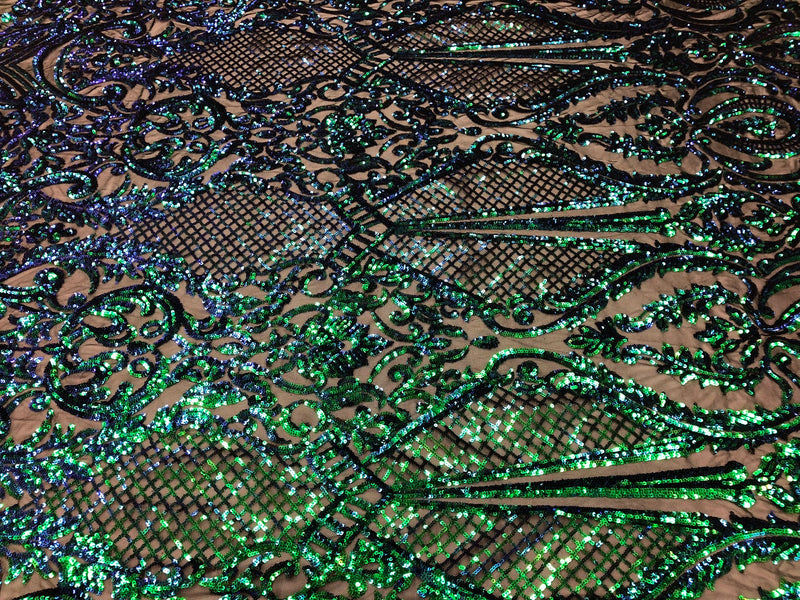 Iridescent Green Sequin, 4 Way Stretch Damask Design Fabric On Black Stretch Mesh By The Yard