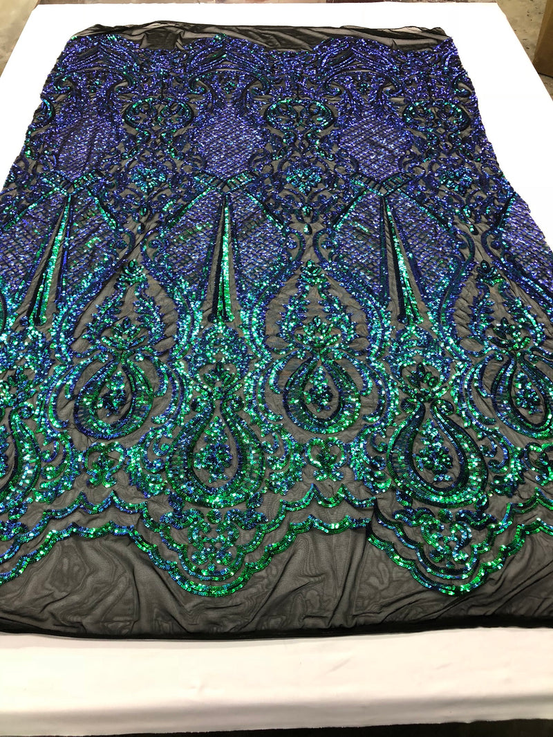 Iridescent Green Sequin, 4 Way Stretch Damask Design Fabric On Black Stretch Mesh By The Yard