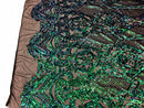 Iridescent Green Sequin, 4 Way Stretch Damask Design Fabric On Black Stretch Mesh By The Yard