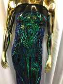 Iridescent Green Sequin, 4 Way Stretch Damask Design Fabric On Black Stretch Mesh By The Yard