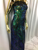 Iridescent Green Sequin, 4 Way Stretch Damask Design Fabric On Black Stretch Mesh By The Yard