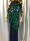 Iridescent Green Sequin, 4 Way Stretch Damask Design Fabric On Black Stretch Mesh By The Yard