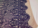 Iridescent Lavender Sequin, 4 Way Stretch Damask Design Fabric On Nude Stretch Mesh By The Yard