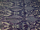 Iridescent Lavender Sequin, 4 Way Stretch Damask Design Fabric On Nude Stretch Mesh By The Yard