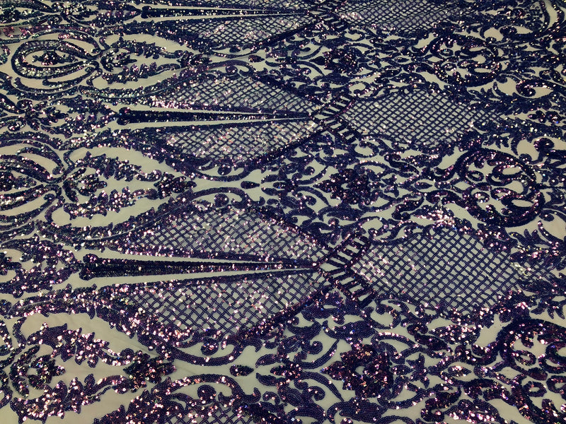 Iridescent Lavender Sequin, 4 Way Stretch Damask Design Fabric On Nude Stretch Mesh By The Yard