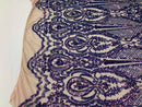 Iridescent Lavender Sequin, 4 Way Stretch Damask Design Fabric On Nude Stretch Mesh By The Yard