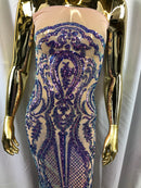 Iridescent Lavender Sequin, 4 Way Stretch Damask Design Fabric On Nude Stretch Mesh By The Yard
