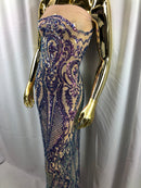 Iridescent Lavender Sequin, 4 Way Stretch Damask Design Fabric On Nude Stretch Mesh By The Yard