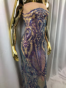 Iridescent Lavender Sequin, 4 Way Stretch Damask Design Fabric On Nude Stretch Mesh By The Yard