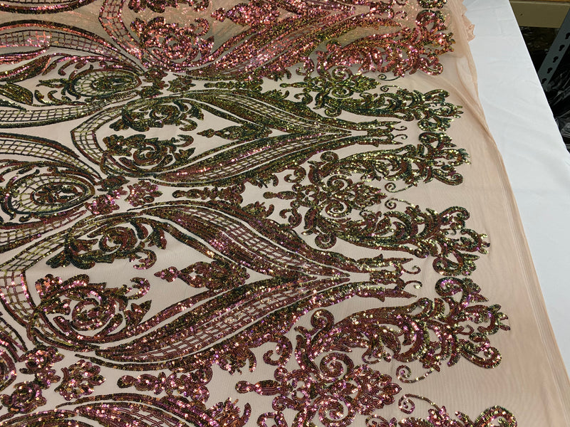 Big Damask Sequins Fabric - Iridescent Pink/Green - 4 Way Stretch Damask Sequins Design Fabric By Yard