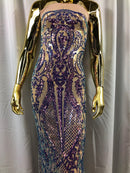 Iridescent Lavender Sequin, 4 Way Stretch Damask Design Fabric On Nude Stretch Mesh By The Yard