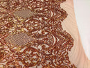 Iridescent Orange Sequin, 4 Way Stretch Damask Design Fabric On Blush Stretch Mesh By The Yard