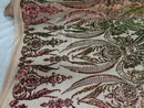 Big Damask Sequins Fabric - Iridescent Pink/Green - 4 Way Stretch Damask Sequins Design Fabric By Yard