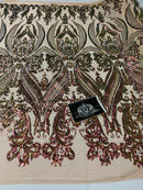 Big Damask Sequins Fabric - Iridescent Pink/Green - 4 Way Stretch Damask Sequins Design Fabric By Yard