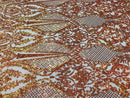 Iridescent Orange Sequin, 4 Way Stretch Damask Design Fabric On Blush Stretch Mesh By The Yard