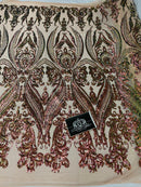 Big Damask Sequins Fabric - Iridescent Pink/Green - 4 Way Stretch Damask Sequins Design Fabric By Yard