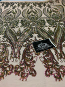 Big Damask Sequins Fabric - Iridescent Pink/Green - 4 Way Stretch Damask Sequins Design Fabric By Yard