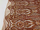 Iridescent - Orange Nude - 4 Way Stretch Sequins Damask Pattern Fabric by the Yard