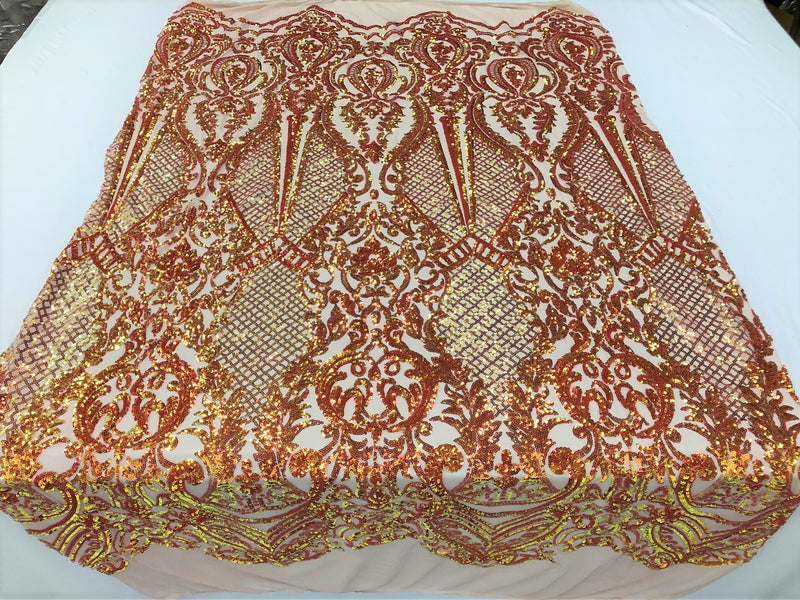 Iridescent Orange Sequin, 4 Way Stretch Damask Design Fabric On Blush Stretch Mesh By The Yard