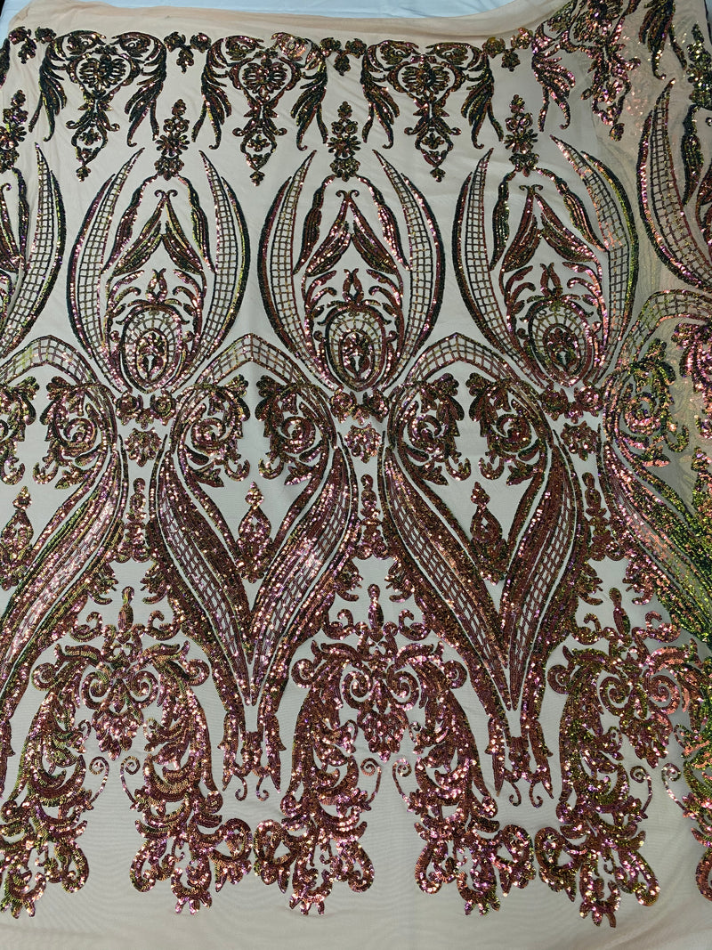 Big Damask Sequins Fabric - Iridescent Pink/Green - 4 Way Stretch Damask Sequins Design Fabric By Yard
