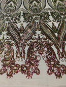 Big Damask Sequins Fabric - Iridescent Pink/Green - 4 Way Stretch Damask Sequins Design Fabric By Yard