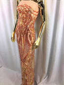 Iridescent Orange Sequin, 4 Way Stretch Damask Design Fabric On Blush Stretch Mesh By The Yard