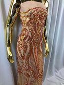 Iridescent Orange Sequin, 4 Way Stretch Damask Design Fabric On Blush Stretch Mesh By The Yard