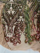 Big Damask Sequins Fabric - Iridescent Pink/Green - 4 Way Stretch Damask Sequins Design Fabric By Yard