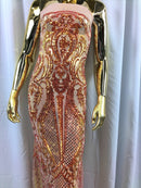 Iridescent Orange Sequin, 4 Way Stretch Damask Design Fabric On Blush Stretch Mesh By The Yard