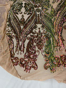 Big Damask Sequins Fabric - Iridescent Pink/Green - 4 Way Stretch Damask Sequins Design Fabric By Yard
