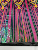 Triangle Multi Color Sequins - Magenta Yellow Green  - 4 Way Stretch Chevron Sequins Fabric By Yard