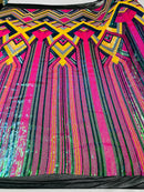 Triangle Multi Color Sequins - Magenta Yellow Green  - 4 Way Stretch Chevron Sequins Fabric By Yard