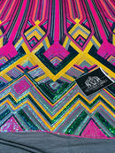 Triangle Multi Color Sequins - Magenta Yellow Green  - 4 Way Stretch Chevron Sequins Fabric By Yard
