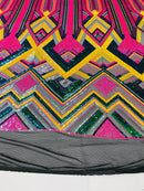 Triangle Multi Color Sequins - Magenta Yellow Green  - 4 Way Stretch Chevron Sequins Fabric By Yard
