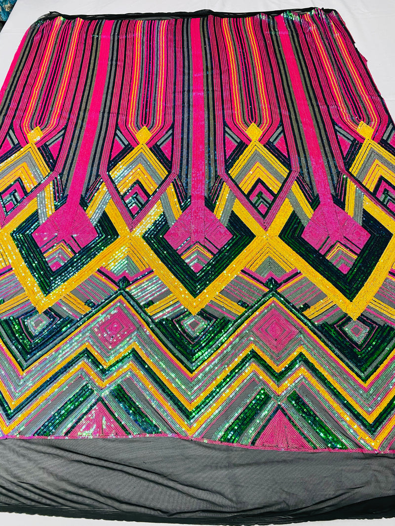 Triangle Multi Color Sequins - Magenta Yellow Green  - 4 Way Stretch Chevron Sequins Fabric By Yard