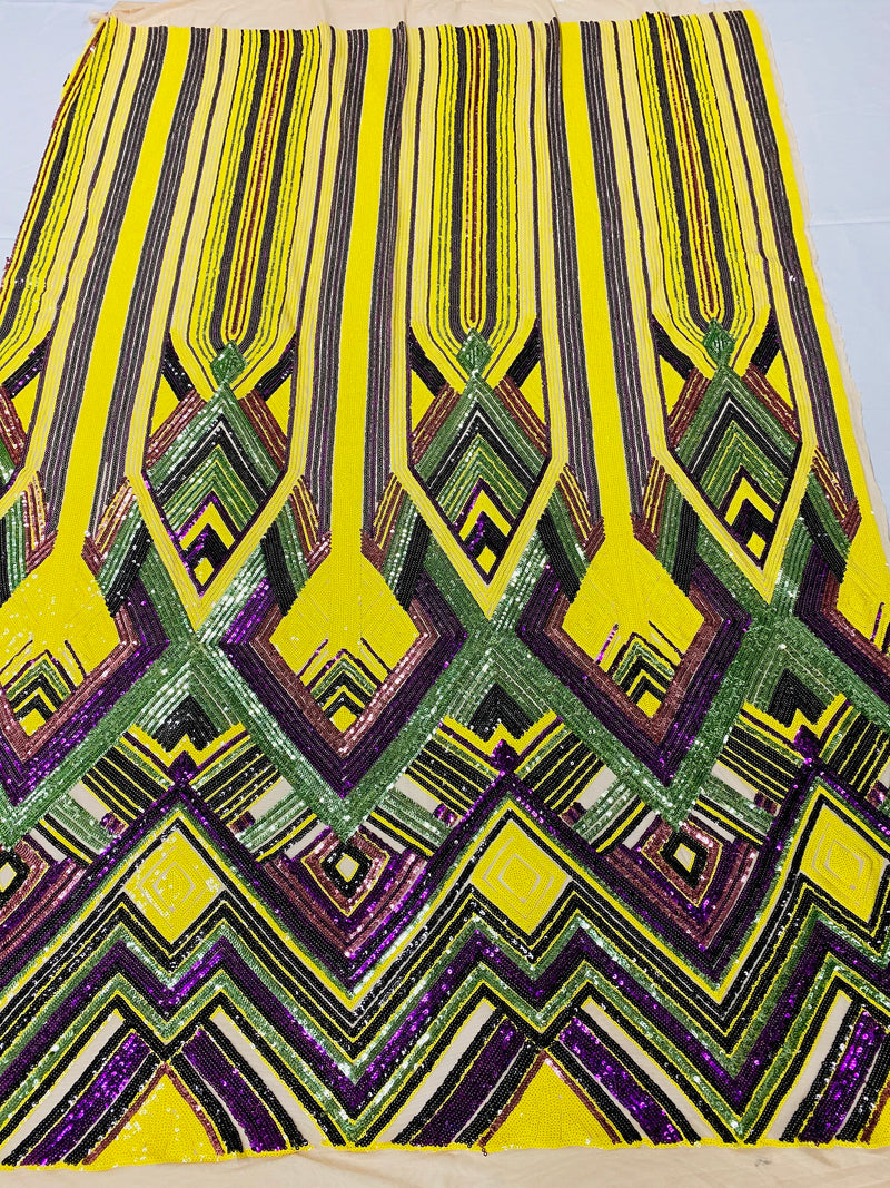 Triangle Multi Color Sequins - Purple Yellow Green  - 4 Way Stretch Chevron Sequins Fabric By Yard