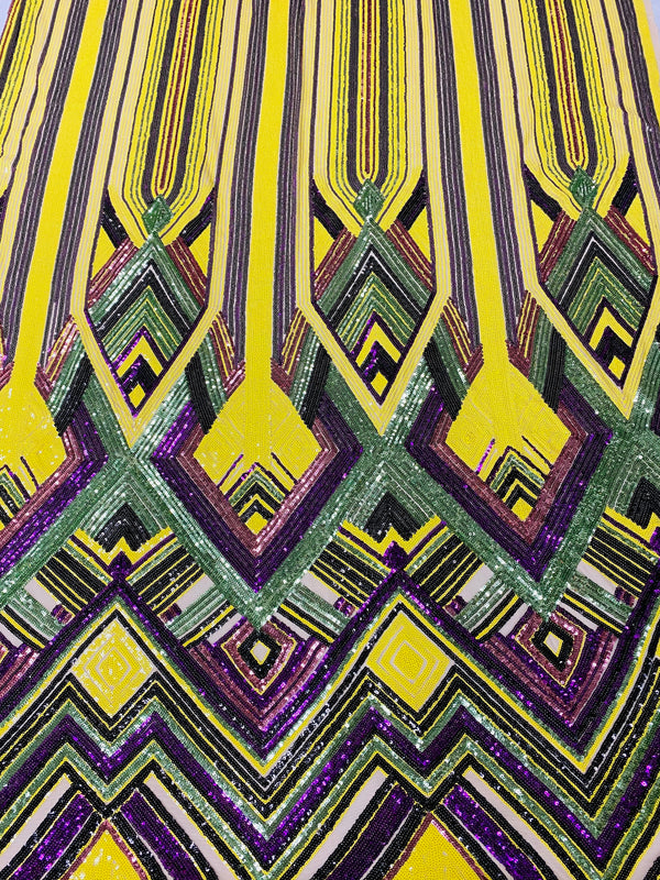 Triangle Multi Color Sequins - Purple Yellow Green  - 4 Way Stretch Chevron Sequins Fabric By Yard