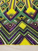 Triangle Multi Color Sequins - Purple Yellow Green  - 4 Way Stretch Chevron Sequins Fabric By Yard