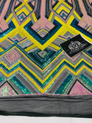 Triangle Multi Color Sequins - Pink Yellow Aqua - 4 Way Stretch Chevron Sequins Fabric By Yard