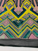 Triangle Multi Color Sequins - Pink Yellow Aqua - 4 Way Stretch Chevron Sequins Fabric By Yard