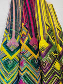 Triangle Multi Color Sequins - Purple Yellow Green  - 4 Way Stretch Chevron Sequins Fabric By Yard