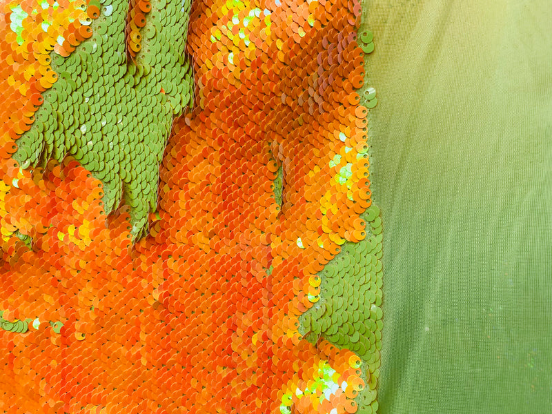 Reversible Sequins - Neon Yellow / Neon Orange - Mermaid Sequins Stretch Fabric By Yard