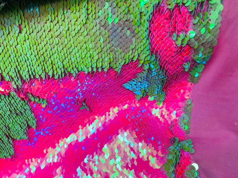 Reversible Sequins - Hot Pink / Lime Green - Mermaid Sequins Stretch Fabric By Yard