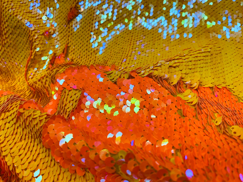Reversible Sequins - Yellow / Orange - Mermaid Sequins Stretch Fabric By Yard