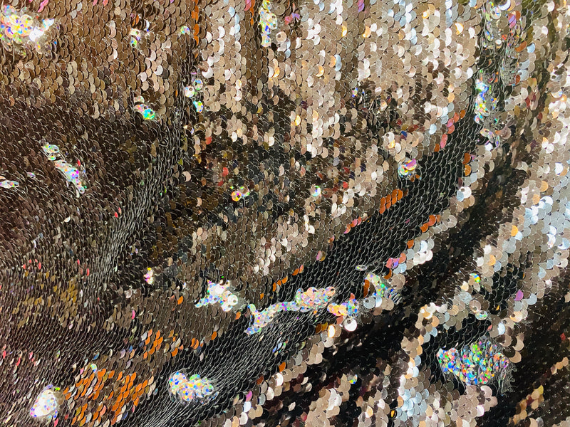 Reversible Sequins - Holographic Silver / Black - Mermaid Sequins Stretch Fabric By Yard