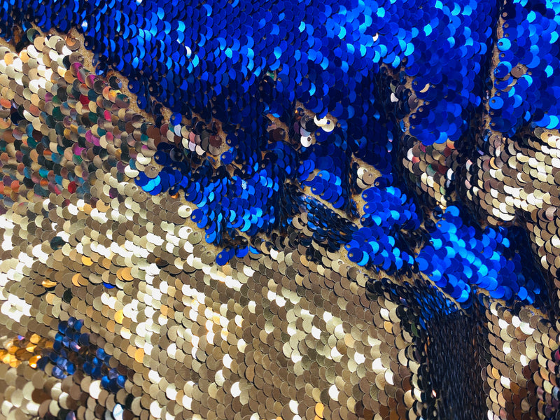 Reversible Sequins - Royal Blue / Gold - Mermaid Sequins Stretch Fabric By Yard
