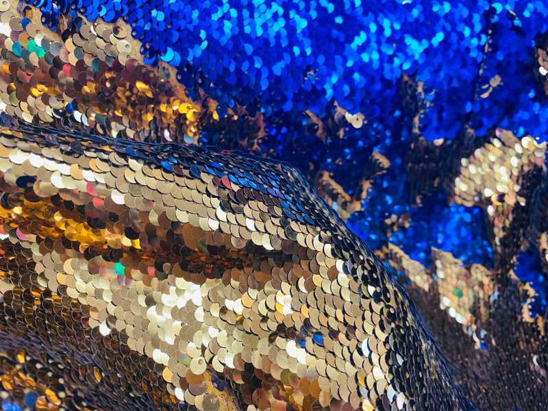 Reversible Sequins - Royal Blue / Gold - Mermaid Sequins Stretch Fabric By Yard