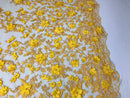 Flower 3D Fabric - Yellow - Embroided Fabric Flower Pearls and Leaf Decor Sold by The Yard