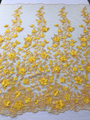 Flower 3D Fabric - Yellow - Embroided Fabric Flower Pearls and Leaf Decor Sold by The Yard