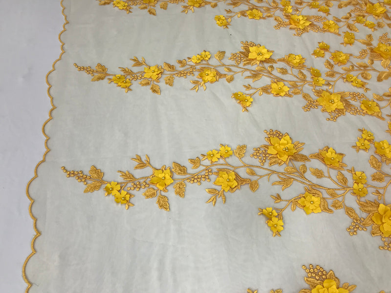 Flower 3D Fabric - Yellow - Embroided Fabric Flower Pearls and Leaf Decor Sold by The Yard